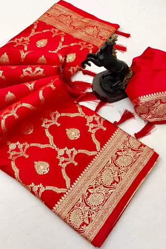 Red banarasi satin mashroo silk saree with multicolor zari motifs