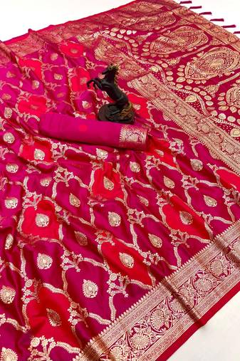 Pink banarasi satin mashroo silk saree with multicolor zari motifs