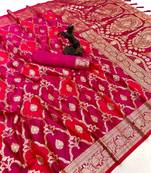 Pink banarasi satin mashroo silk saree with multicolor zari motifs
