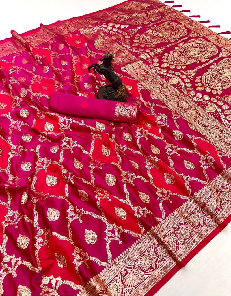 Pink banarasi satin mashroo silk saree with multicolor zari motifs