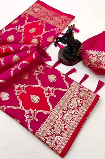 Pink banarasi satin mashroo silk saree with multicolor zari motifs