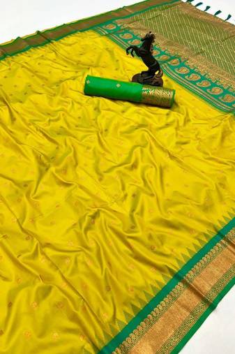 Lemon kanji gadwal silk saree with narayan peth border & dual zari motifs