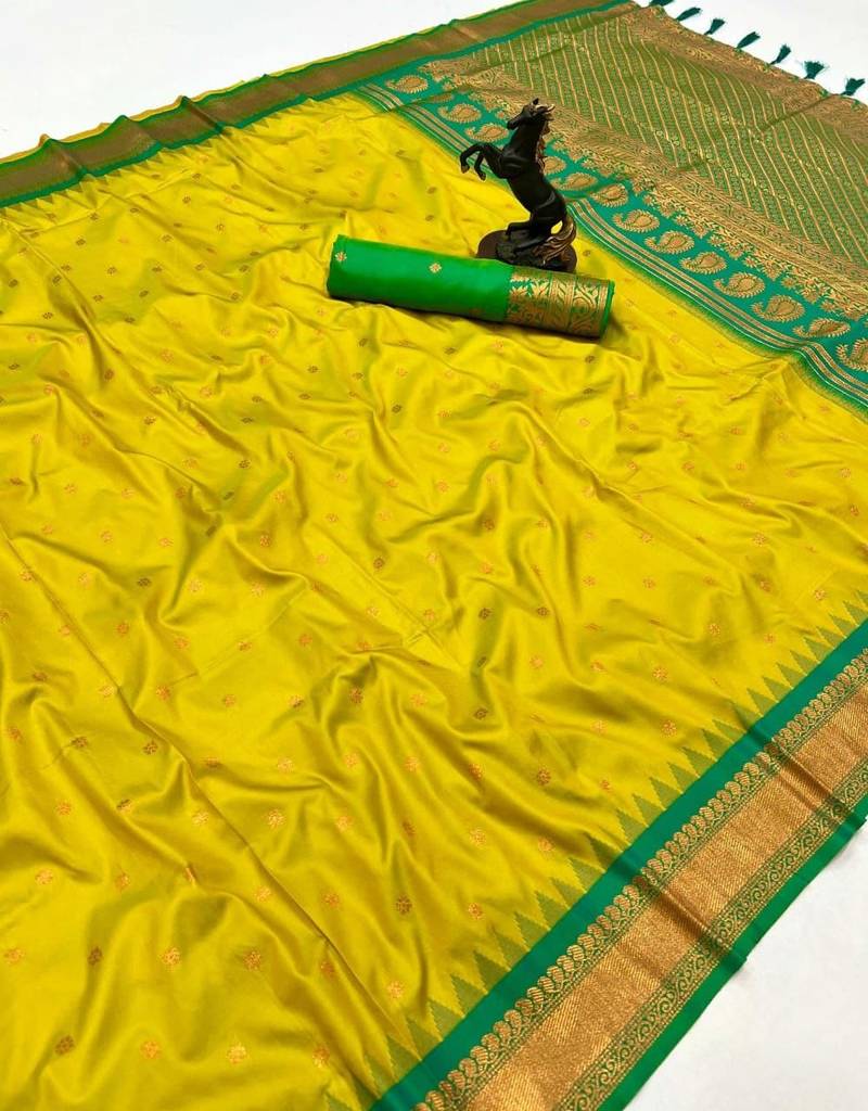 Lemon kanji gadwal silk saree with narayan peth border & dual zari motifs