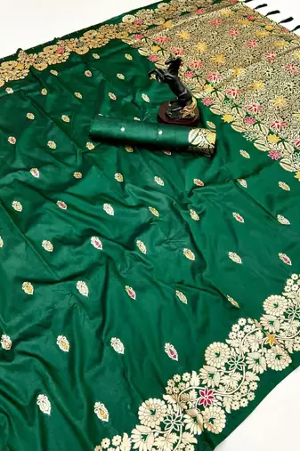 Green soft silk saree with butti design & floral zari border