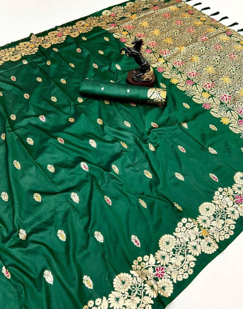 Green soft silk saree with butti design & floral zari border