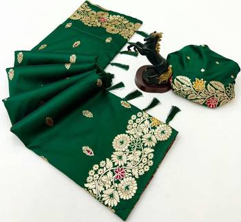 Green soft silk saree with butti design & floral zari border 2