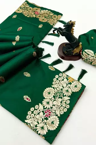 Green soft silk saree with butti design & floral zari border