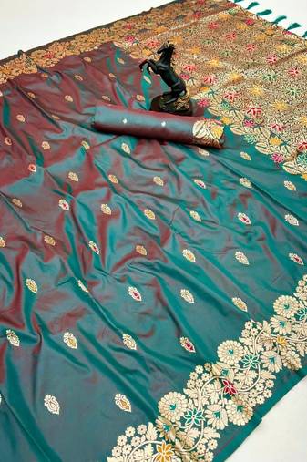 Teal soft silk saree with butti design & floral zari border
