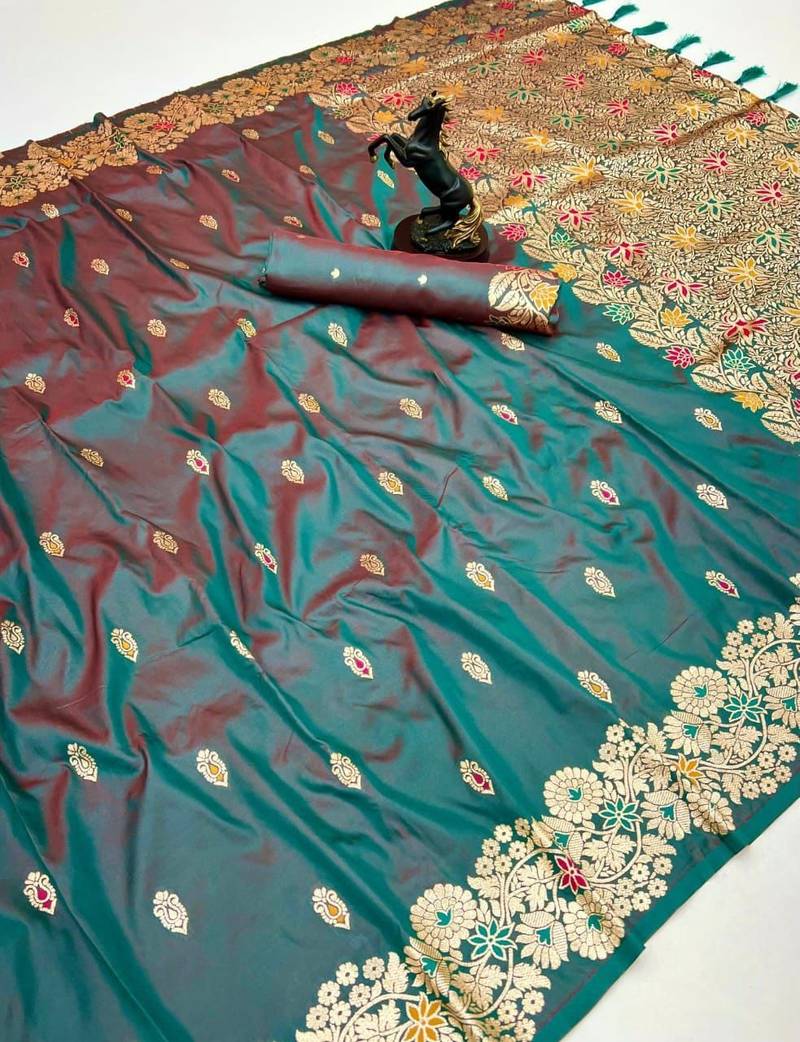Teal soft silk saree with butti design & floral zari border