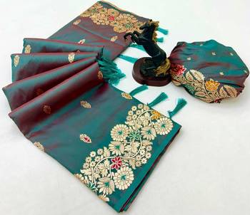 Teal soft silk saree with butti design & floral zari border 2