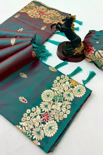 Teal soft silk saree with butti design & floral zari border