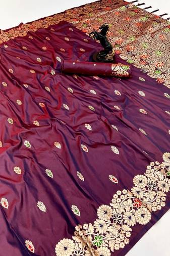 Dark wine soft silk saree with butti design & floral zari border