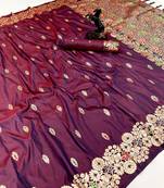 Dark wine soft silk saree with butti design & floral zari border
