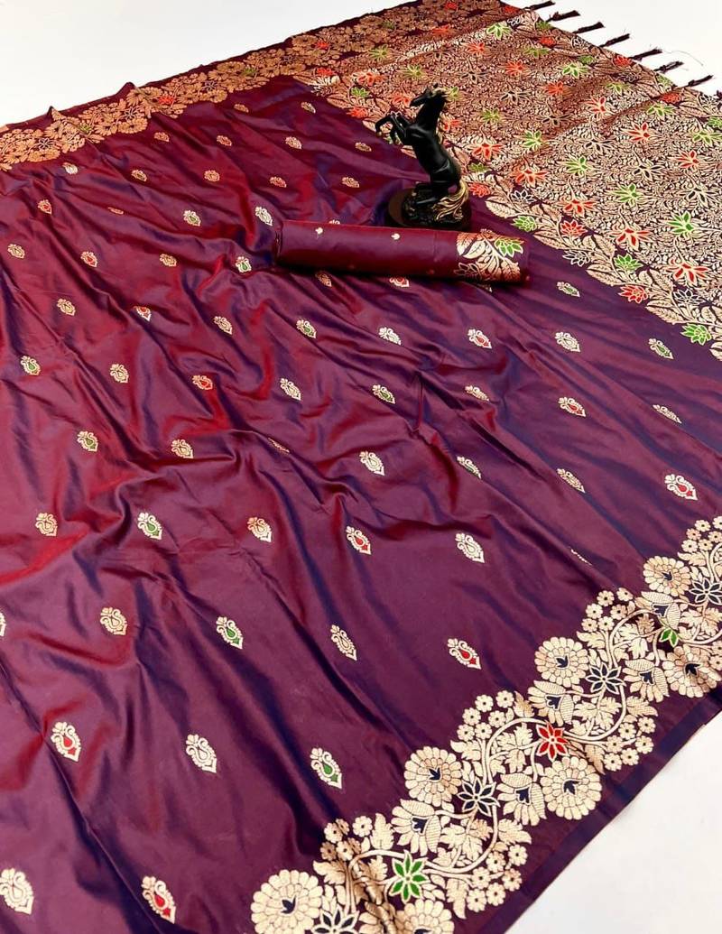 Dark wine soft silk saree with butti design & floral zari border