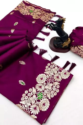 Dark wine soft silk saree with butti design & floral zari border