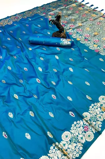 Sky blue soft silk saree with butti design & floral zari border