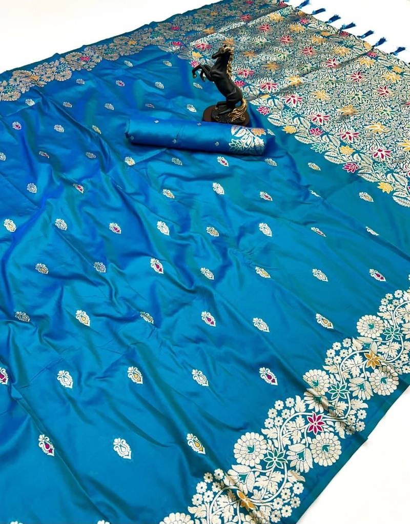 Sky blue soft silk saree with butti design & floral zari border