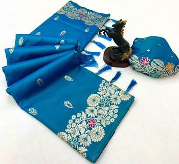 Sky blue soft silk saree with butti design & floral zari border 2