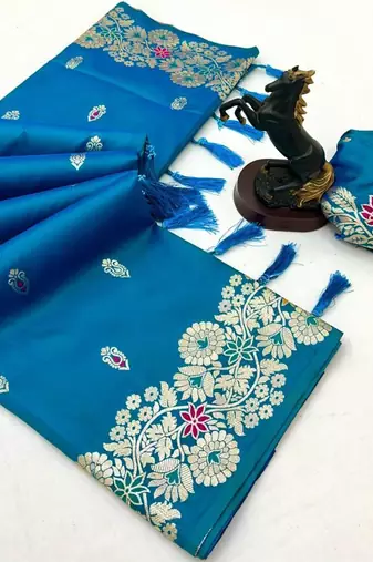 Sky blue soft silk saree with butti design & floral zari border