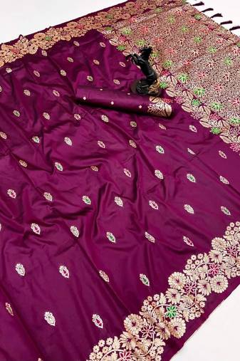 Wine soft silk saree with butti design & floral zari border