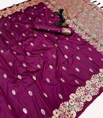 Wine soft silk saree with butti design & floral zari border