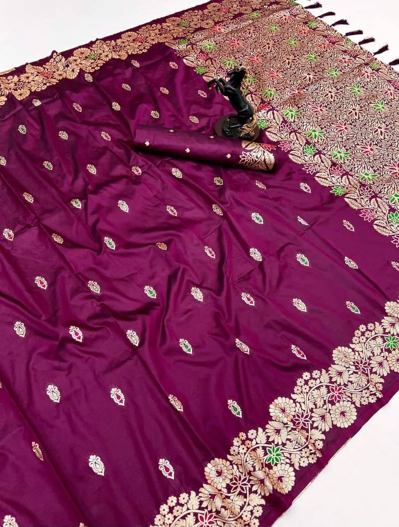 Wine soft silk saree with butti design & floral zari border