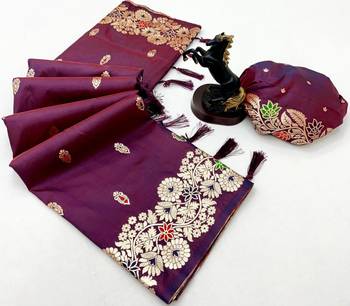 Wine soft silk saree with butti design & floral zari border 2
