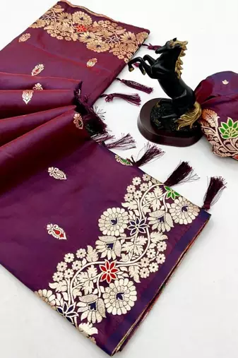 Wine soft silk saree with butti design & floral zari border