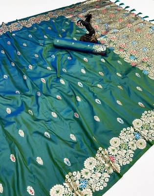 Light green soft silk saree with butti design & floral zari border 1