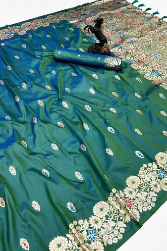 Light green soft silk saree with butti design & floral zari border