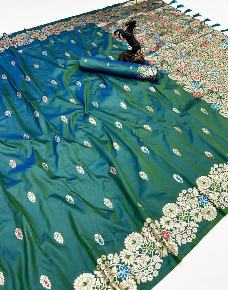Light green soft silk saree with butti design & floral zari border