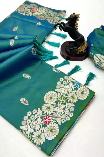 Light green soft silk saree with butti design & floral zari border