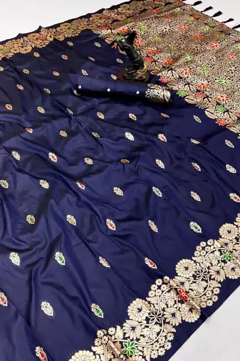Navy blue soft silk saree with butti design & floral zari border