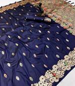 Navy blue soft silk saree with butti design & floral zari border