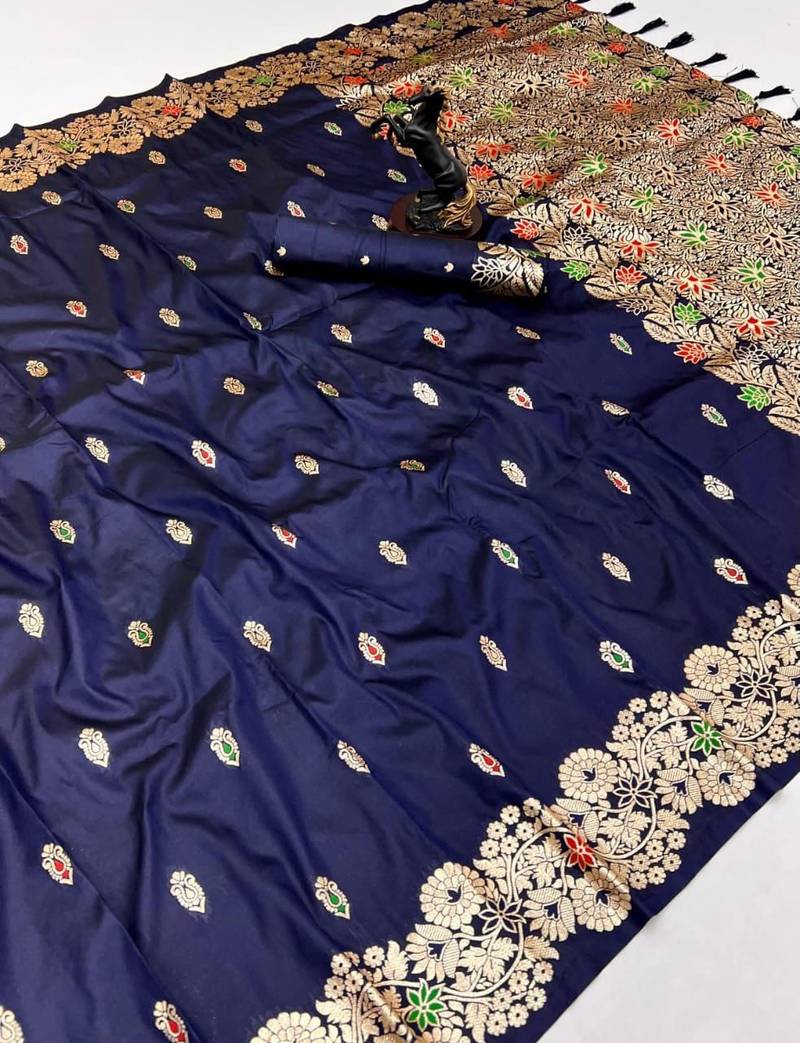 Navy blue soft silk saree with butti design & floral zari border