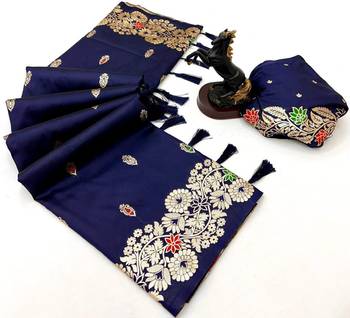 Navy blue soft silk saree with butti design & floral zari border 2