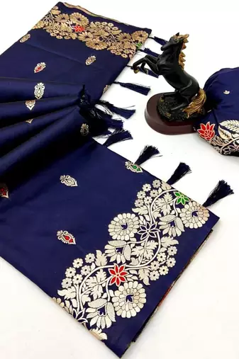 Navy blue soft silk saree with butti design & floral zari border