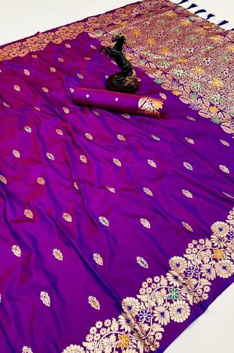 Magenta soft silk saree with butti design & floral zari border
