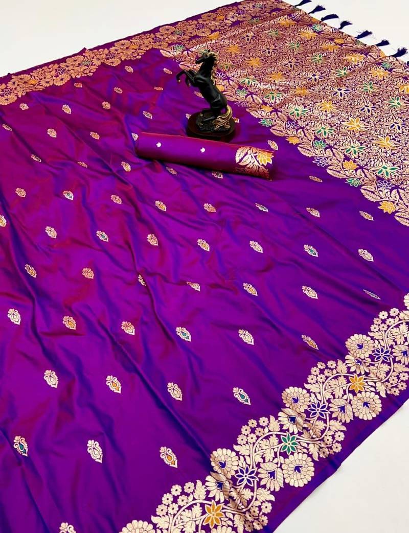 Magenta soft silk saree with butti design & floral zari border