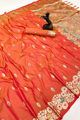 Orange soft silk saree with butti design & floral zari border