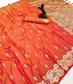 Orange soft silk saree with butti design & floral zari border
