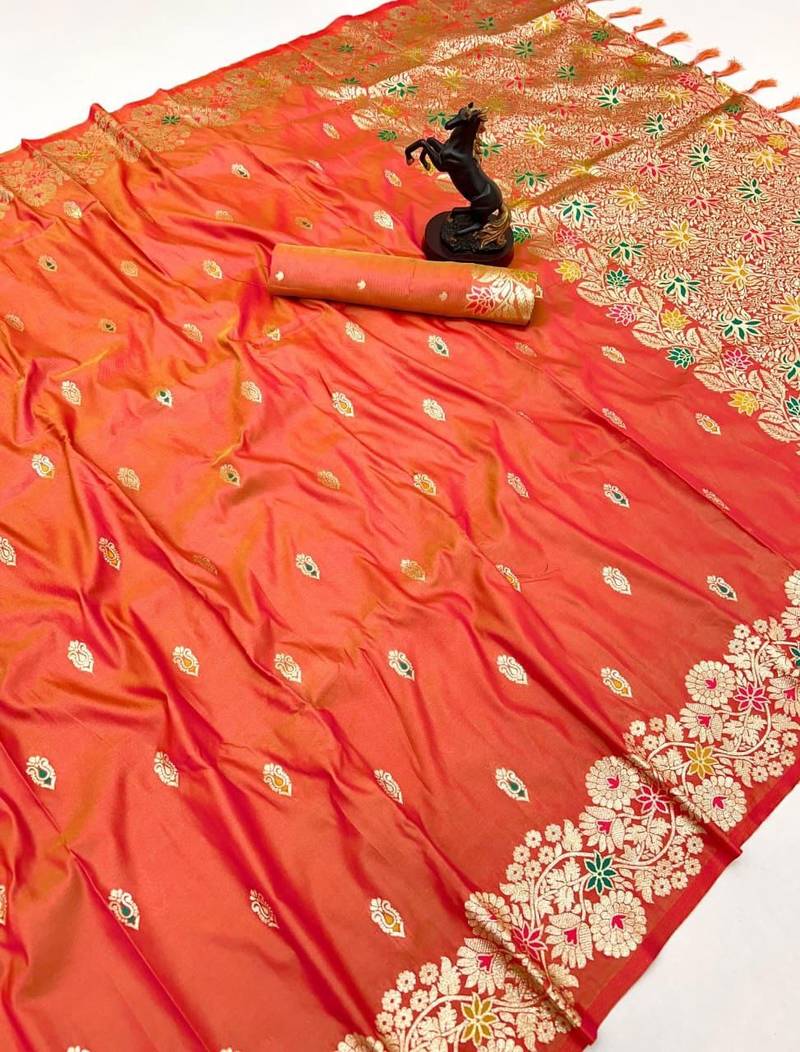 Orange soft silk saree with butti design & floral zari border