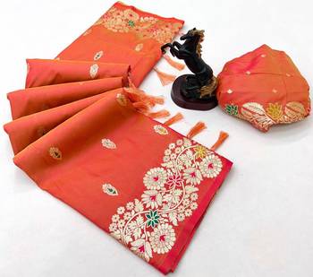 Orange soft silk saree with butti design & floral zari border 2