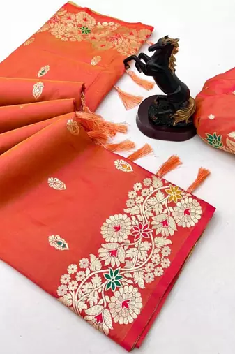 Orange soft silk saree with butti design & floral zari border