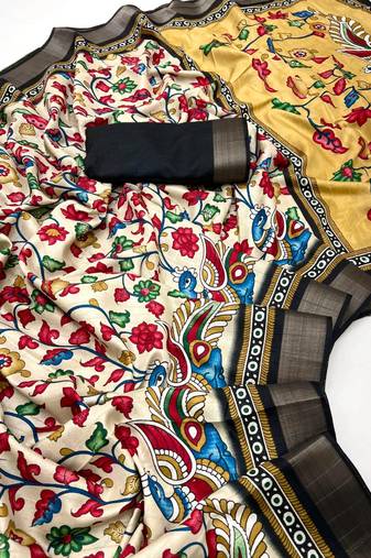 Cream malai cotton saree with kalamkari print & peacock pallu