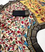 Cream malai cotton saree with kalamkari print & peacock pallu