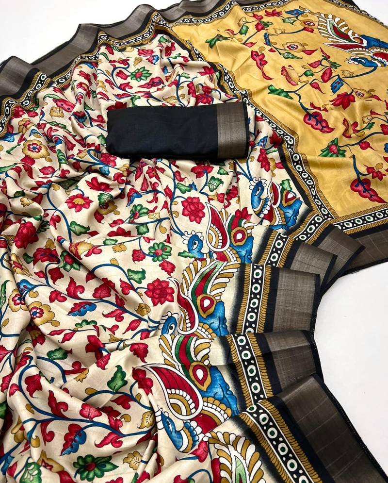 Cream malai cotton saree with kalamkari print & peacock pallu