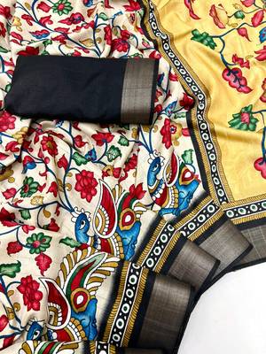 Cream malai cotton saree with kalamkari print & peacock pallu 2
