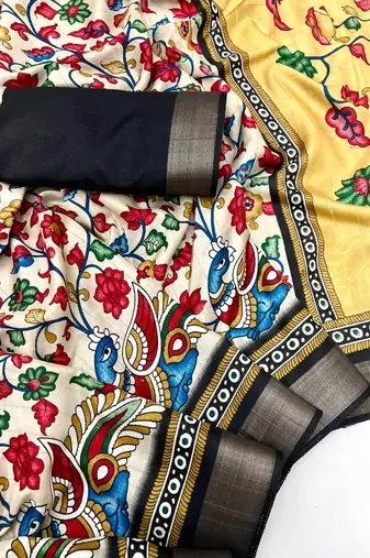 Cream malai cotton saree with kalamkari print & peacock pallu
