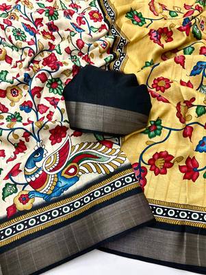 Cream malai cotton saree with kalamkari print & peacock pallu 3
